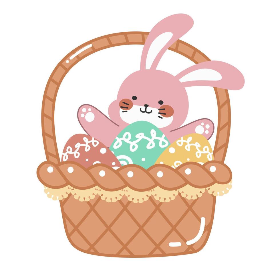 Cute little pink Easter bunny lying inside an Easter egg basket cartoon flat illustration isolated on white background. vector