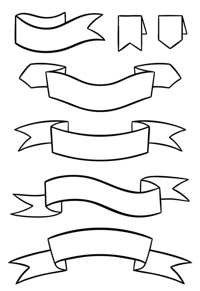 Banner ribbons outline set. Advertising element, label collection line drawing, silhouette vector