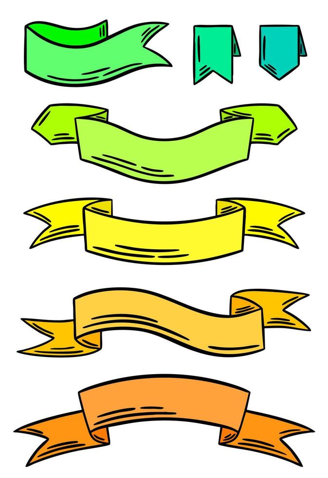 Colourful banner ribbons set. Advertising design, label collection, graphic badge, sale flag vector