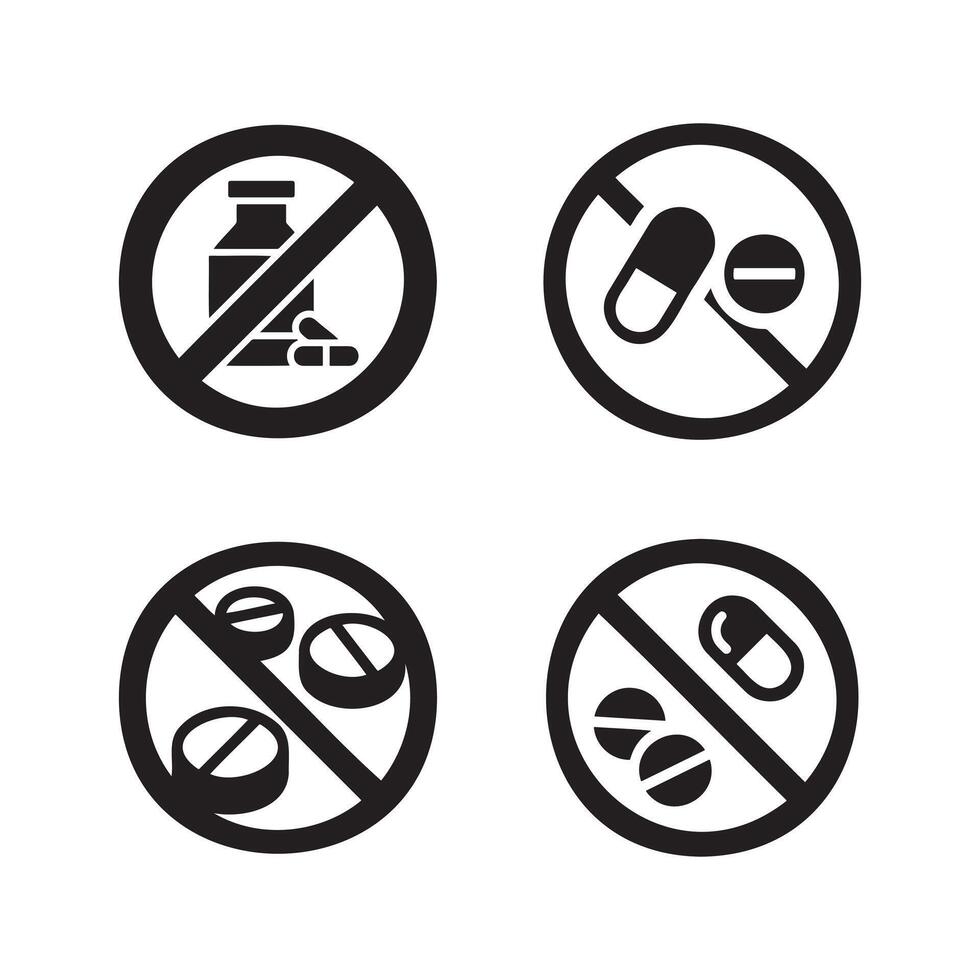 No Medicine and Pills Prohibited Icons Set. vector