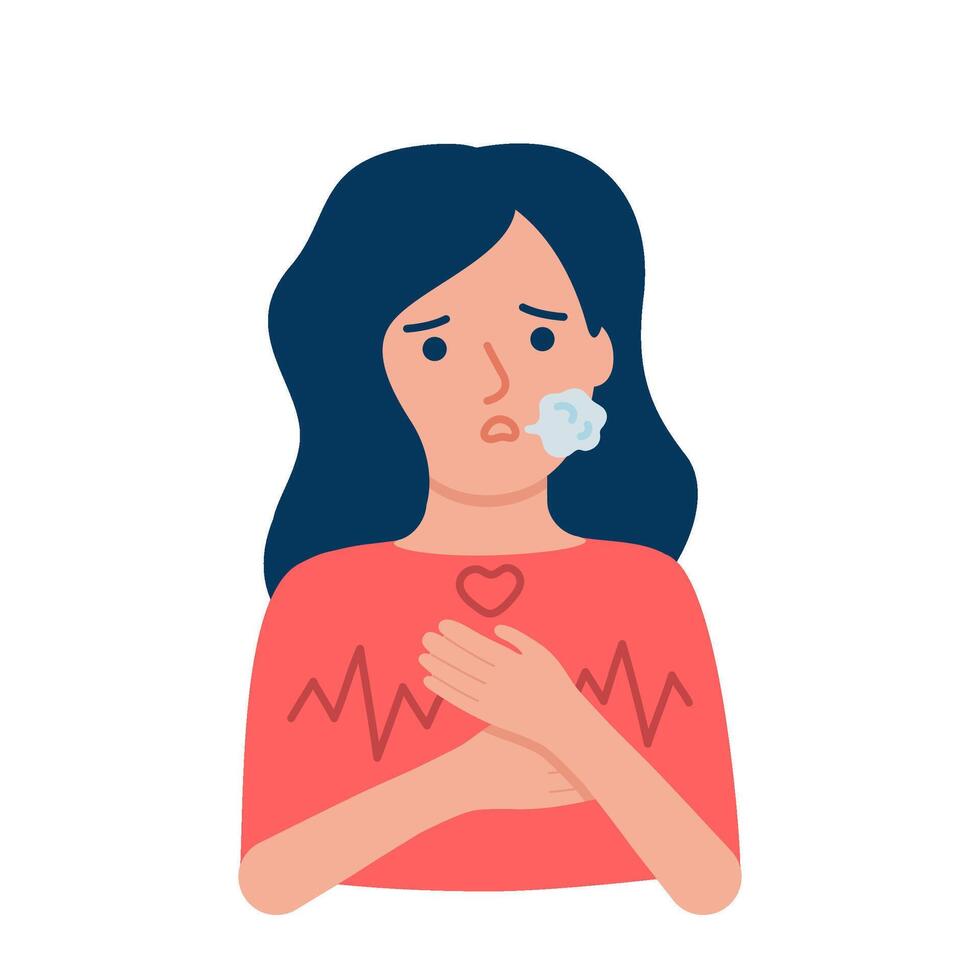 Young sad woman with panic attack, stress, shock. Taking care of psychological health in case of anxiety, disorder, fear, other mental problems. Breathing. Girl character illustration vector