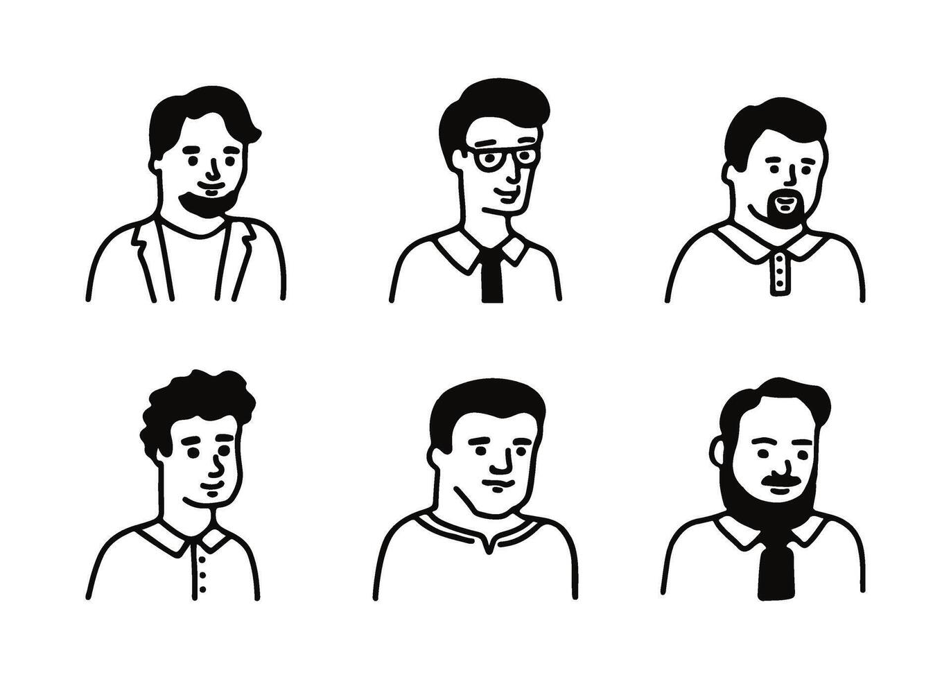 Men character in business outfits, line doodle hand drawn set. Different people black sketch. Face of employee, work in office illustration vector