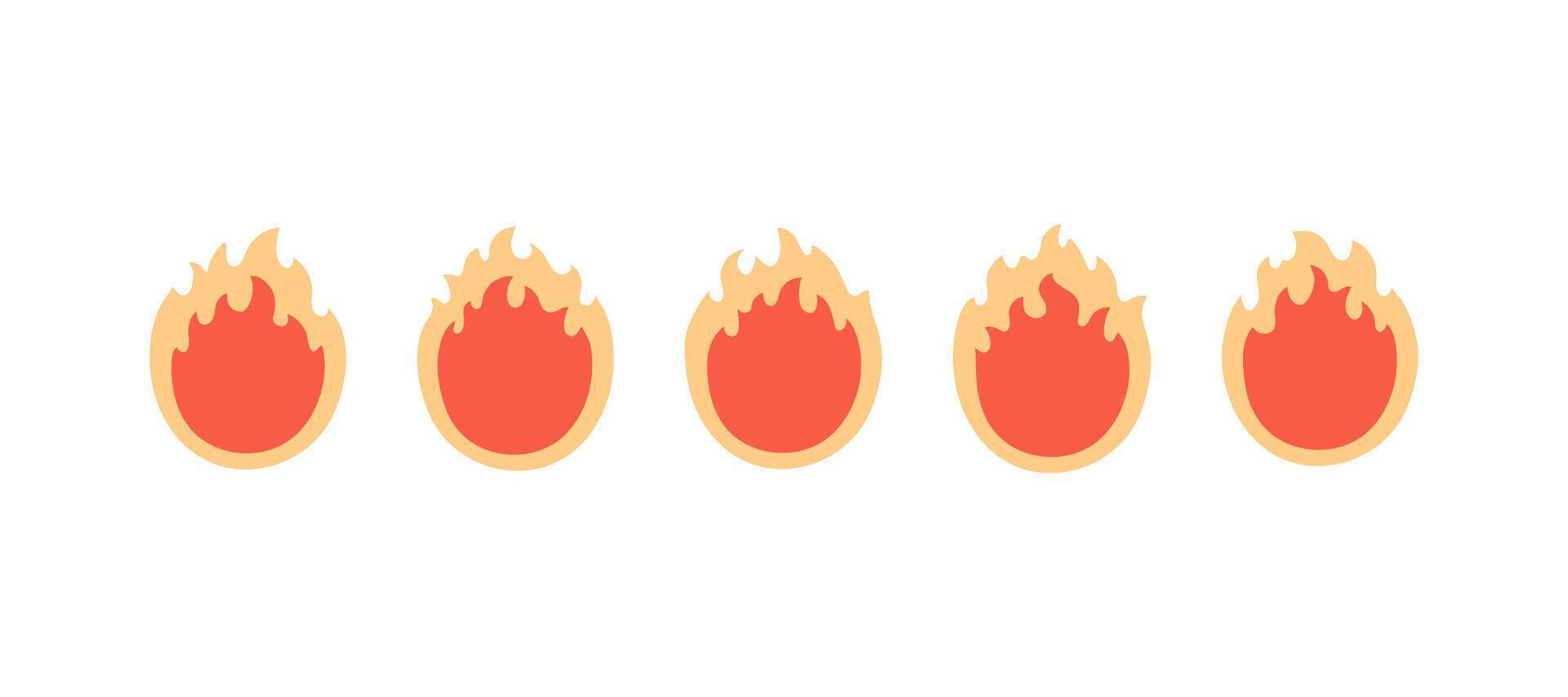 Fire set, hot flame. Energy, burn. Different forms of fire. Flat illustration vector