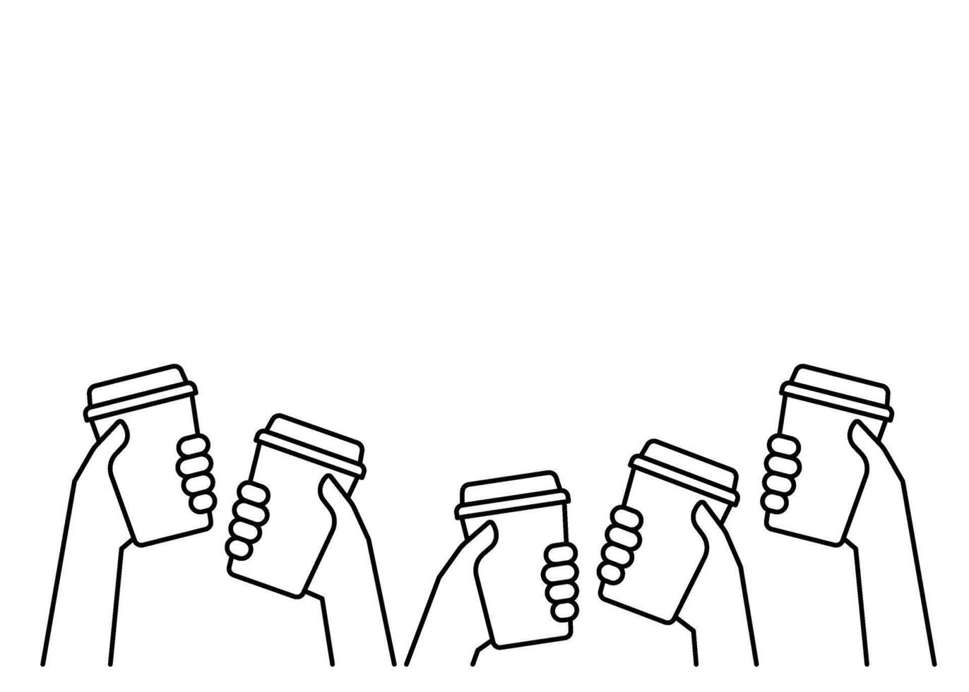 Hands of group people holding coffee in reusable cup, simple line. Together energy on break time. Fast take away drink. Takeaway drink in paper mug, coffee to go. Coffee lover. illustration vector