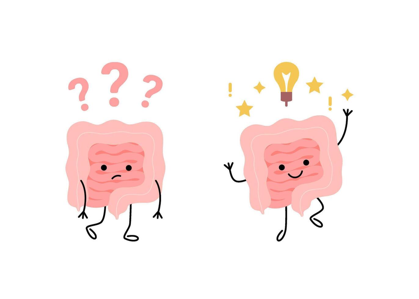 Health of intestine sad disease gut with question and happy healthy with light bulb as idea, cartoon child character. Check health of bowel. Confused gut, seek answer and finds solution. illustration vector