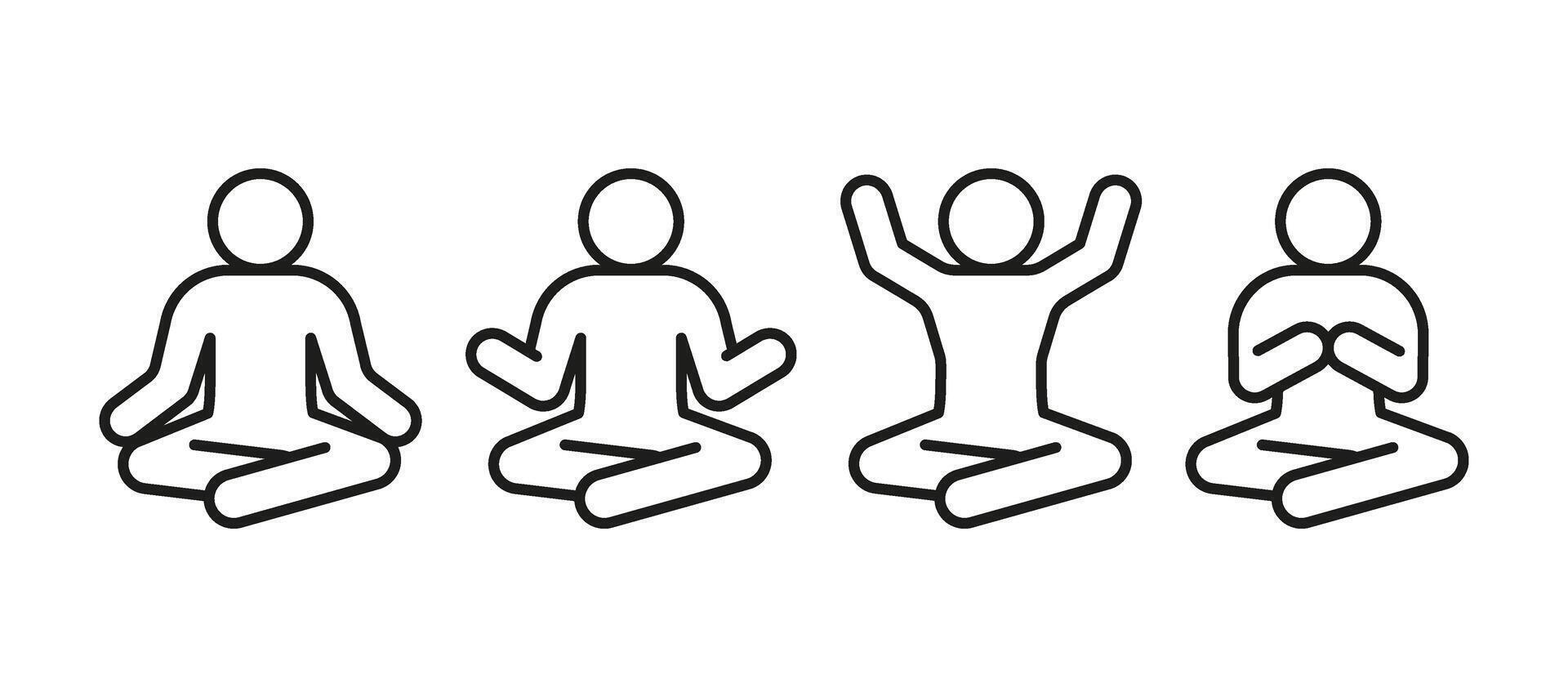 Meditation pose in yoga, line icon set. Person sitting in lotus pose. Relax body and mind, keep calm illustration vector
