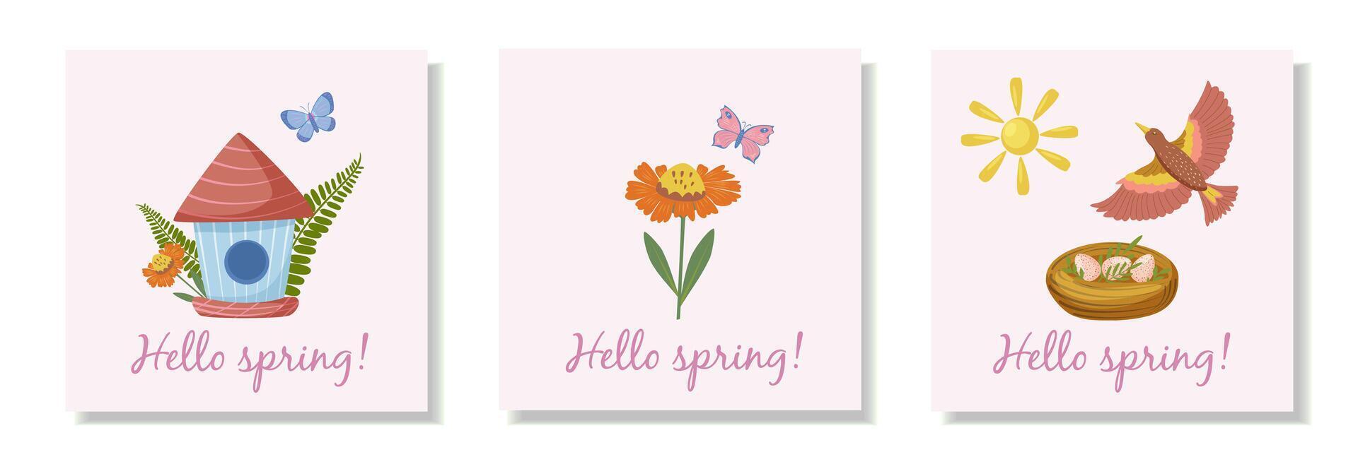 Set of spring cards with orange flower and butterfly, bird, birdhouse and nest on a light pink background. vector