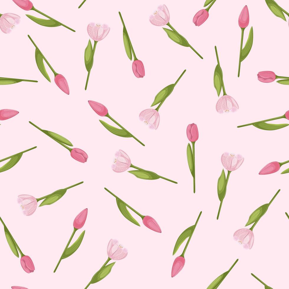 Spring seamless pattern with tulips on a pink background. Floral pattern for textile, wallpaper or packaging. vector