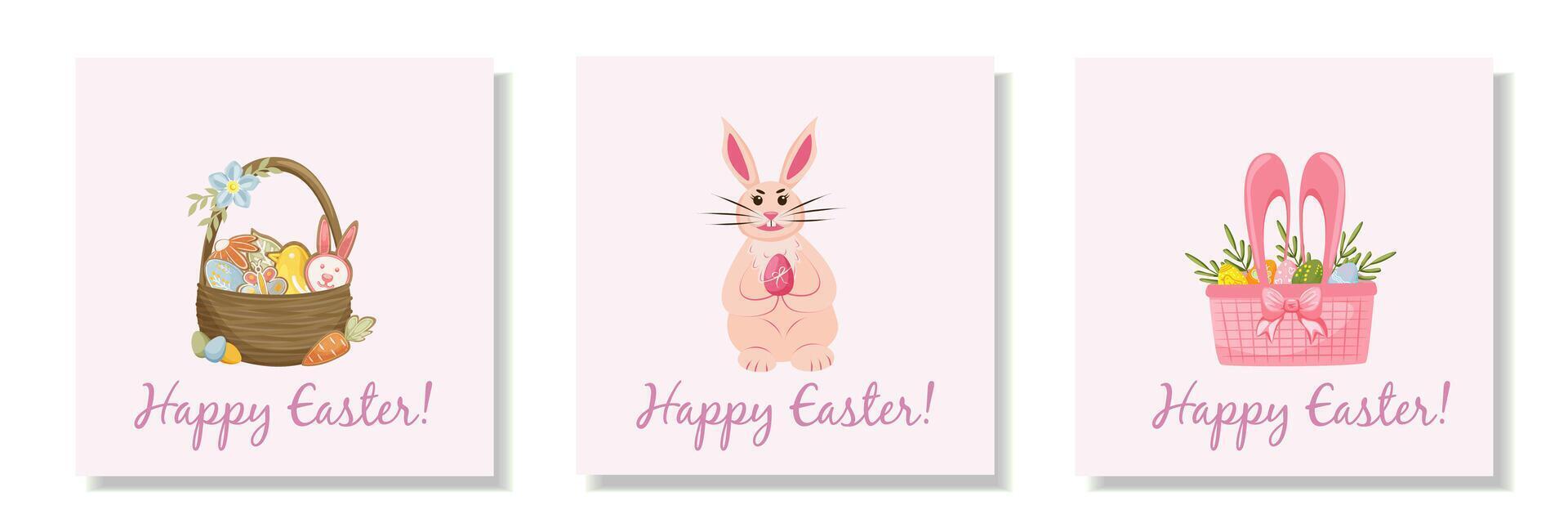 Set of spring Easter greeting cards with a pink bunny, a basket of cookies and Easter eggs. vector