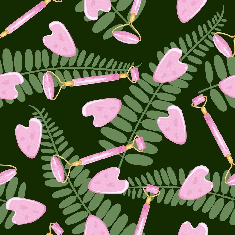 Beauty seamless pattern with Guasha massage set for self care and leaves on the deep green background. Mesoscooter and gua sha stone scraper. Roller massager for face. vector