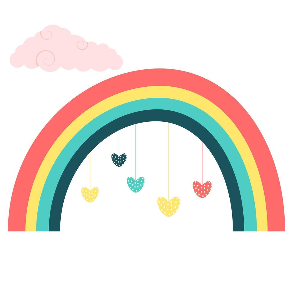 rainbow with hanging hearts vector