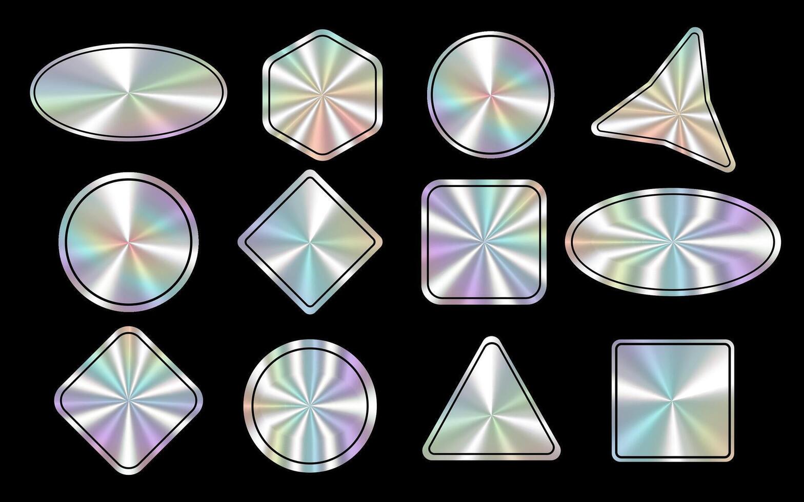 Shiny holographic iridescent stickers decals set in various geometric shapes. Abstract holographic badges with metallic gradient design. Blank designs for tag, badge, icon, certificate, coupon. vector