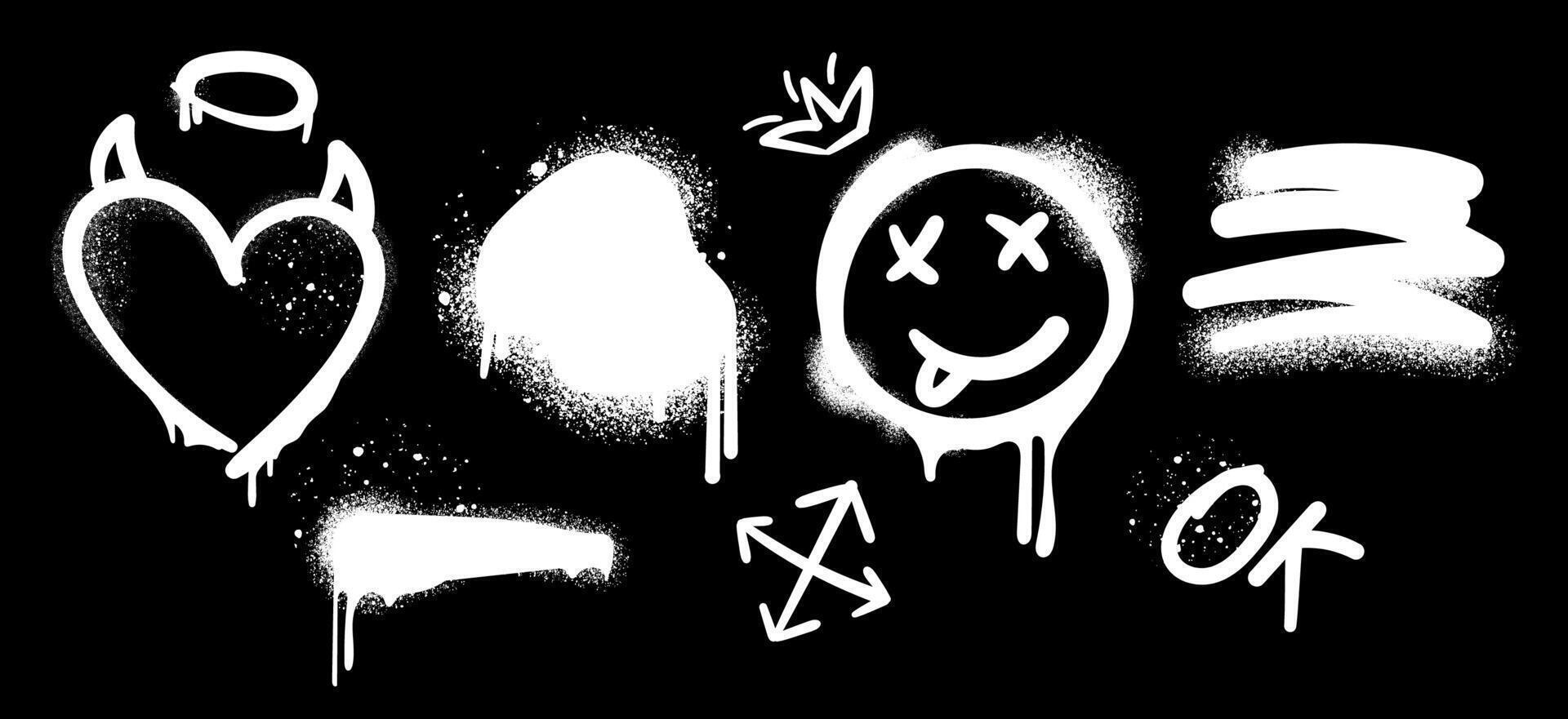 Spray painted graffiti symbols set,heart with horns, smiley face, arrows,abstract elements for street art designs, urban projects, posters, backgrounds, creative digital artwork. illustration vector