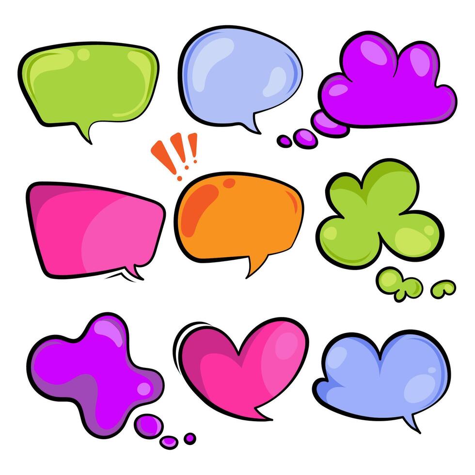 Colorful hand drawn speech and thought bubbles in various shapes and bright colors set. Cartoon style dialogue elements perfect for comics, stickers, graphic design. illustration vector