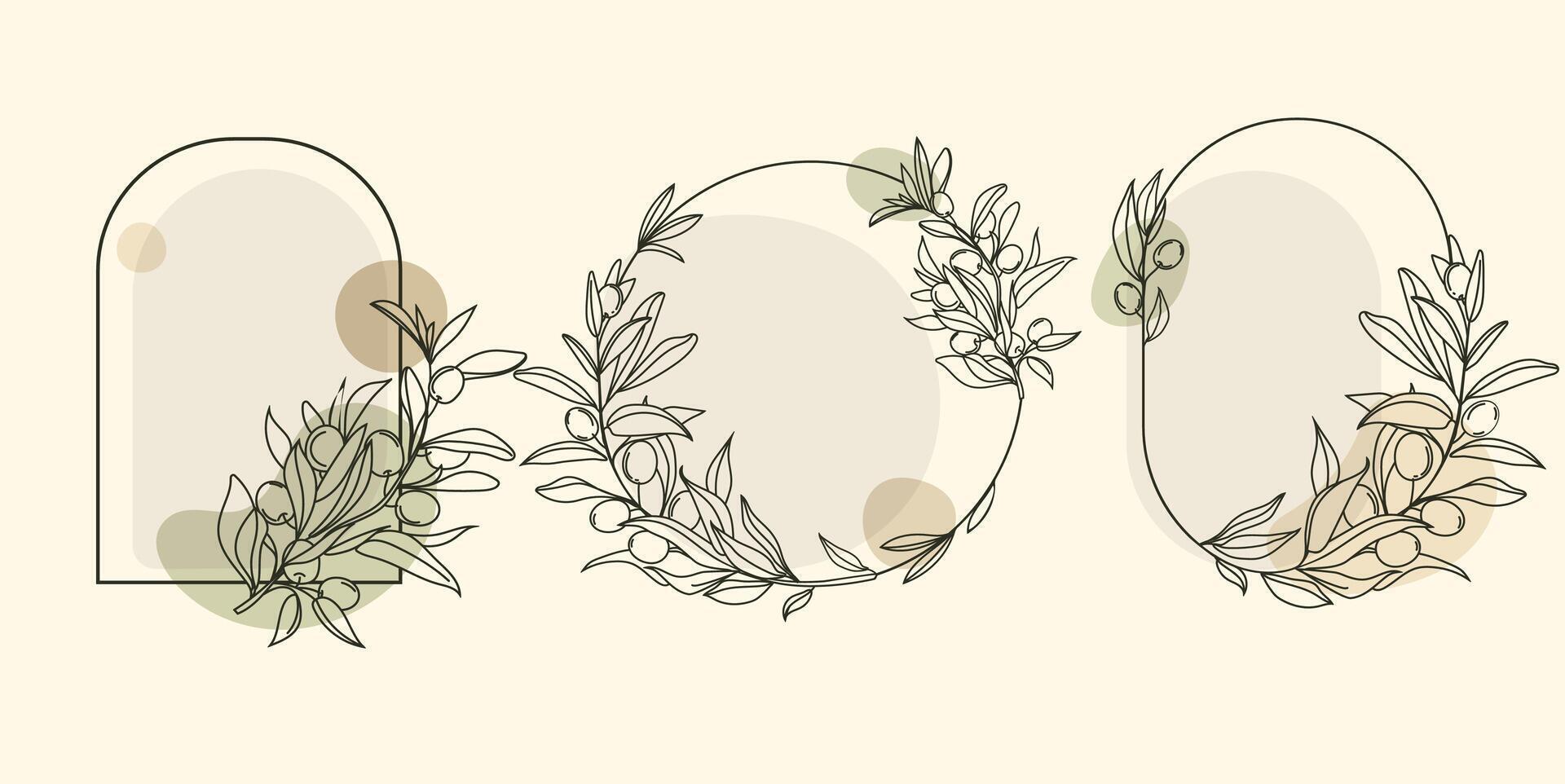 Minimalist botanical frames set with olive branches and abstract shapes in neutral tones. Elegant floral line art design suitable for invitations, branding, logo, and decor. illustration vector