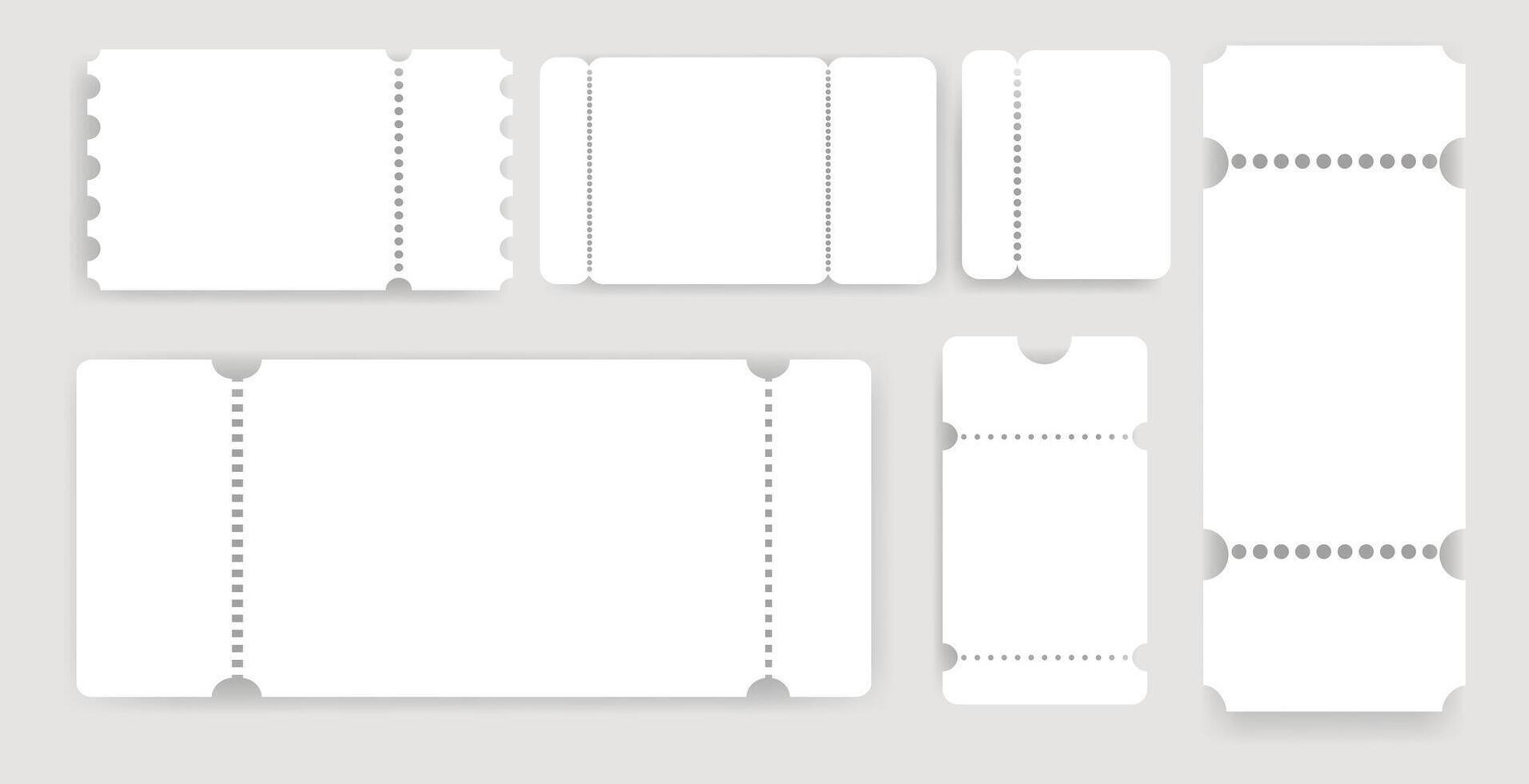 Blank ticket template set with perforated edges set.collection of blank white ticket card templates in various shapes and sizes for event, coupons, invitations,custom designs. illustration vector