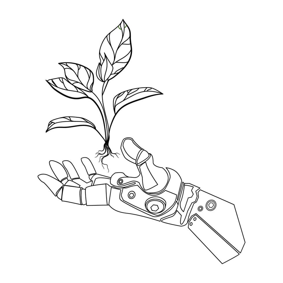 Robotic bionic hand holding a growing plant line art logo,icon,print,emblem, . Futuristic technology and nature concept. Cybernetic hand with sprouting plant minimal design.AI and nature balance vector