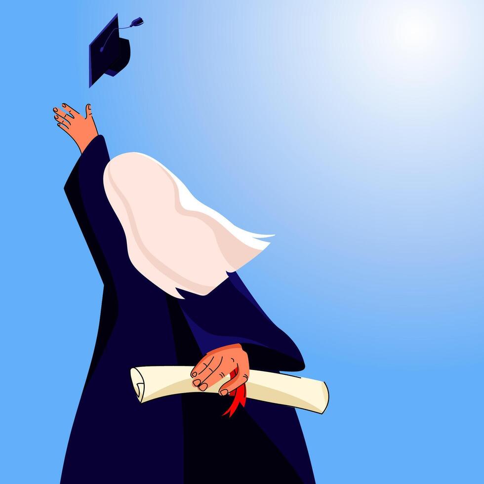 Young woman graduate in a graduation gown holding a diploma and tossing her cap into the air against a bright sky illustration.Education and Graduation, graduation events, career milestones vector