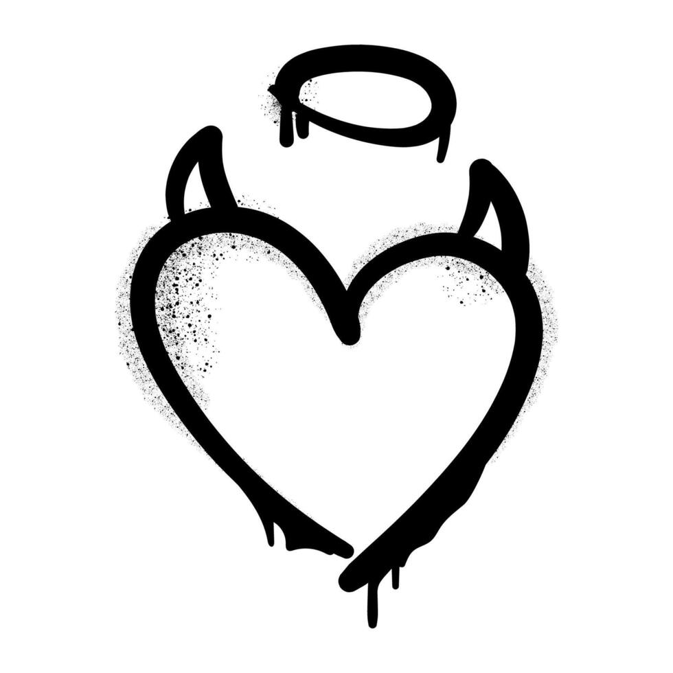 Graffiti heart with devil horns and angel halo dripping with spray paint texture. Perfect for street art designs, urban graphics, posters, tattoos, edgy digital artwork. illustration vector