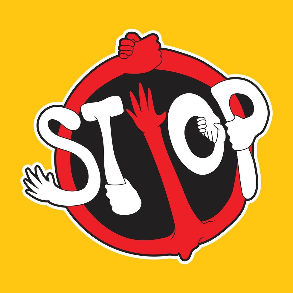 Stop sign illustration with a hand integrated, symbolizing warning, restriction, safety, prohibition, and caution. vector