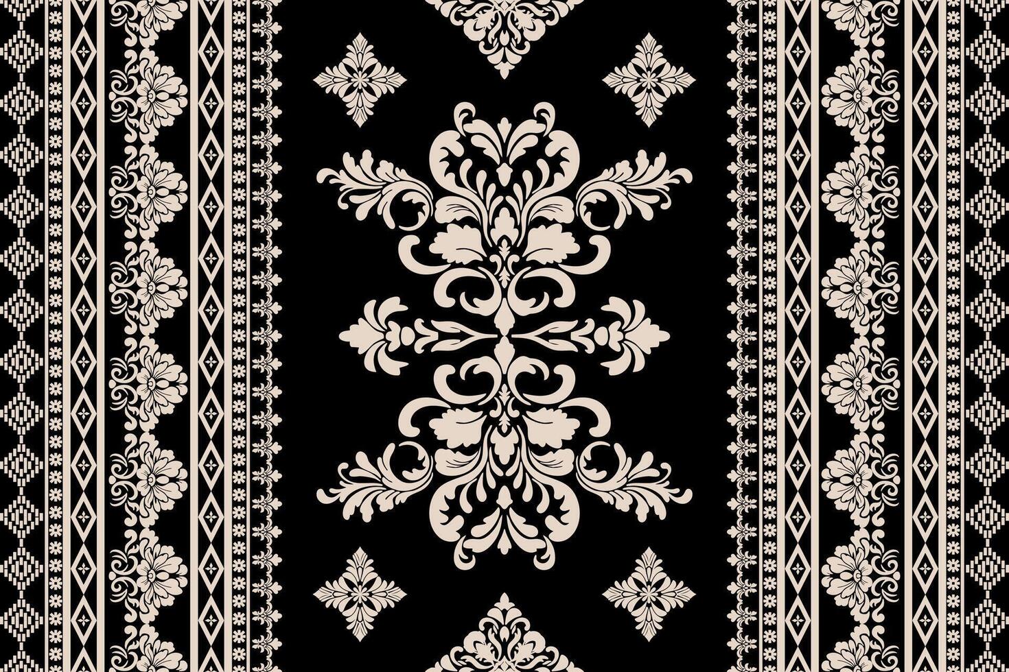 Seamless gold and brown floral damask tracery shape with geometric ethnic tradition pattern texture on black background vector
