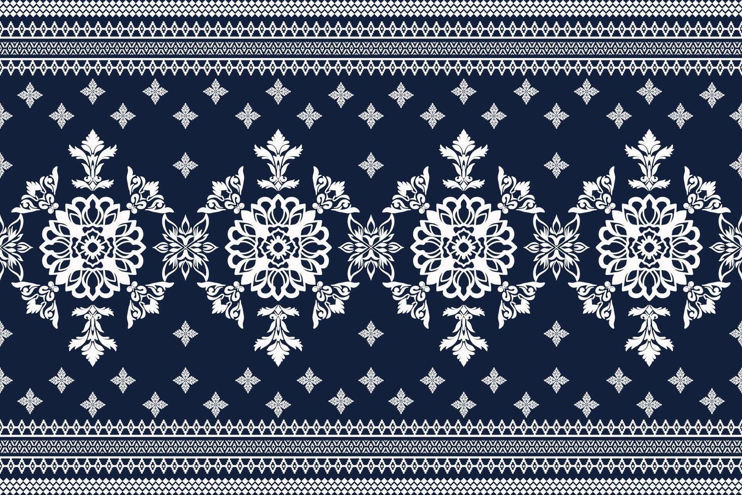 Seamless white floral damask tracery shape with geometric ethnic tradition pattern texture on navy blue background vector
