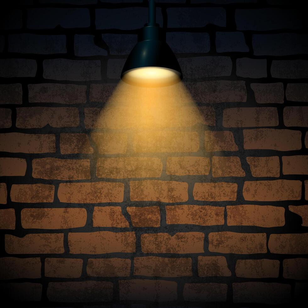 Hanging lamp casting warm light on a textured brick wall in a dark setting Loft style. Industrial and moody atmosphere, perfect for backgrounds, presentations, or design projects. illustration vector