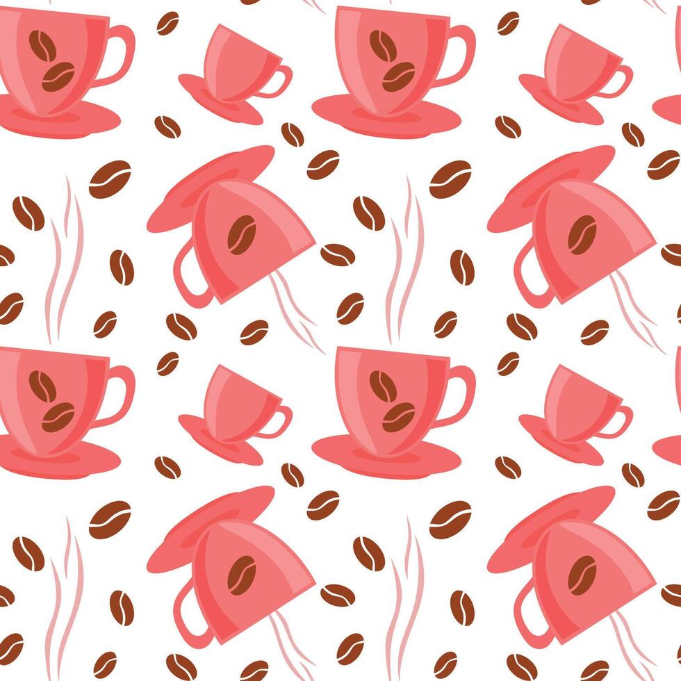 Seamless pattern of coffee cups with beans. Wallpaper, packaging for wrapping paper in coffeeshops and hot drink stores, stylish cappuccino Americano background. vector