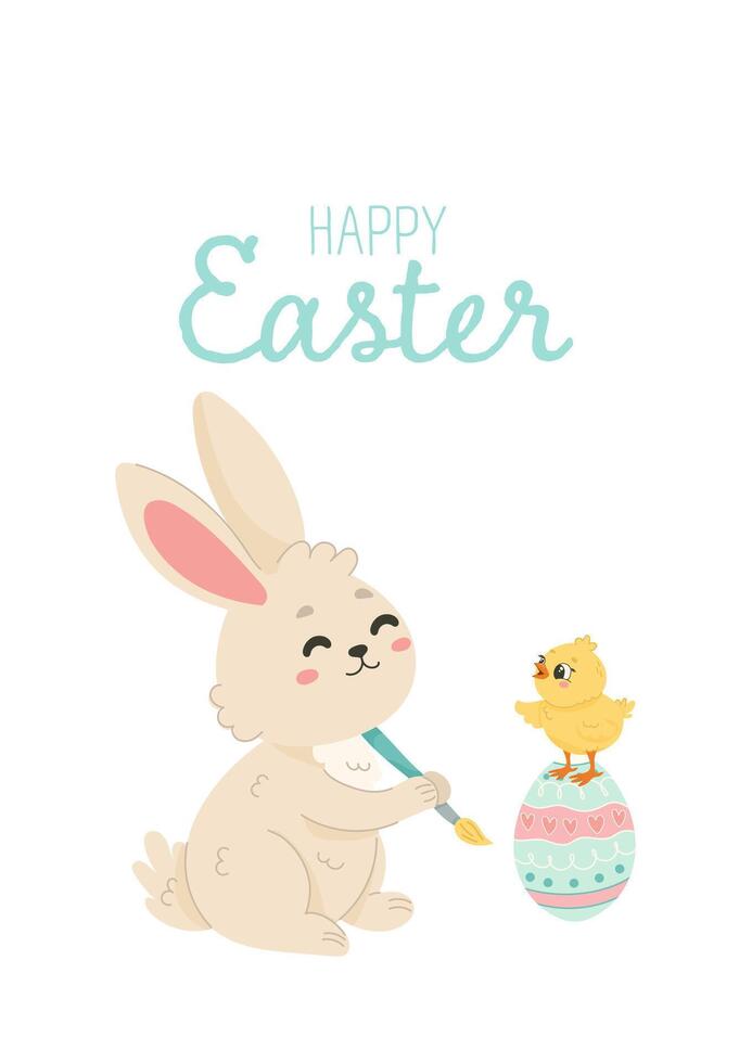 Easter Bunny Painting an Egg with a Cute Chick. Cartoon Illustration for Kids, Stickers, Prints, and Party Decor vector