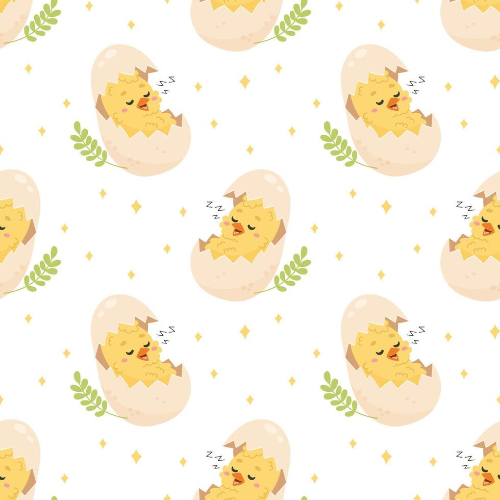 Seamless Easter Pattern with Sleeping Chicks in Eggs. Pastel Spring Background for Wrapping Paper, Fabric, and Digital Use vector