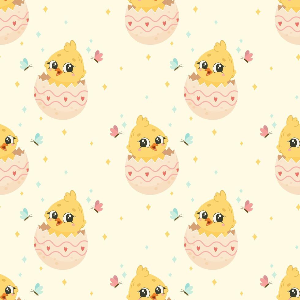 Seamless Easter Pattern with Hatching Chicks and Butterflies. Cute Digital Background for Fabrics, Wrapping Paper, and Scrapbooking vector