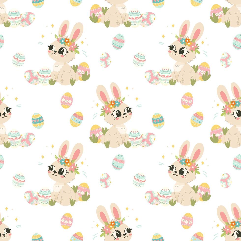 Seamless Easter Bunny and Eggs Pattern. Hand-Drawn Spring Digital Paper for DIY, Fabric, and Print Projects vector