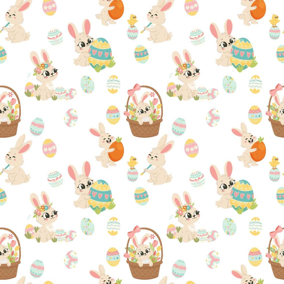 A fun and colorful seamless pattern with bunnies, chicks, and decorative eggs. Ideal for holiday packaging, fabrics, and card designs. vector