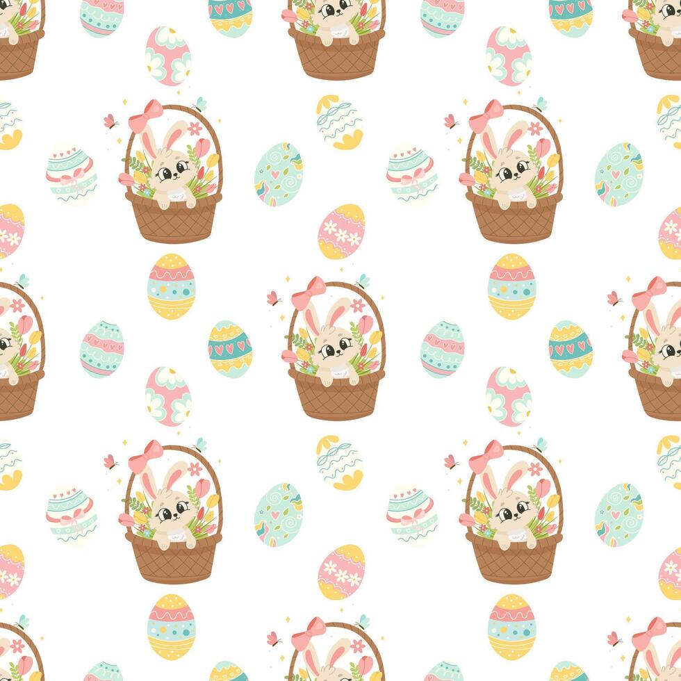 Easter Pattern with Bunny in a Basket and Decorated Eggs. Cute Digital Paper for Scrapbooking, Stickers, and Wrapping Paper vector