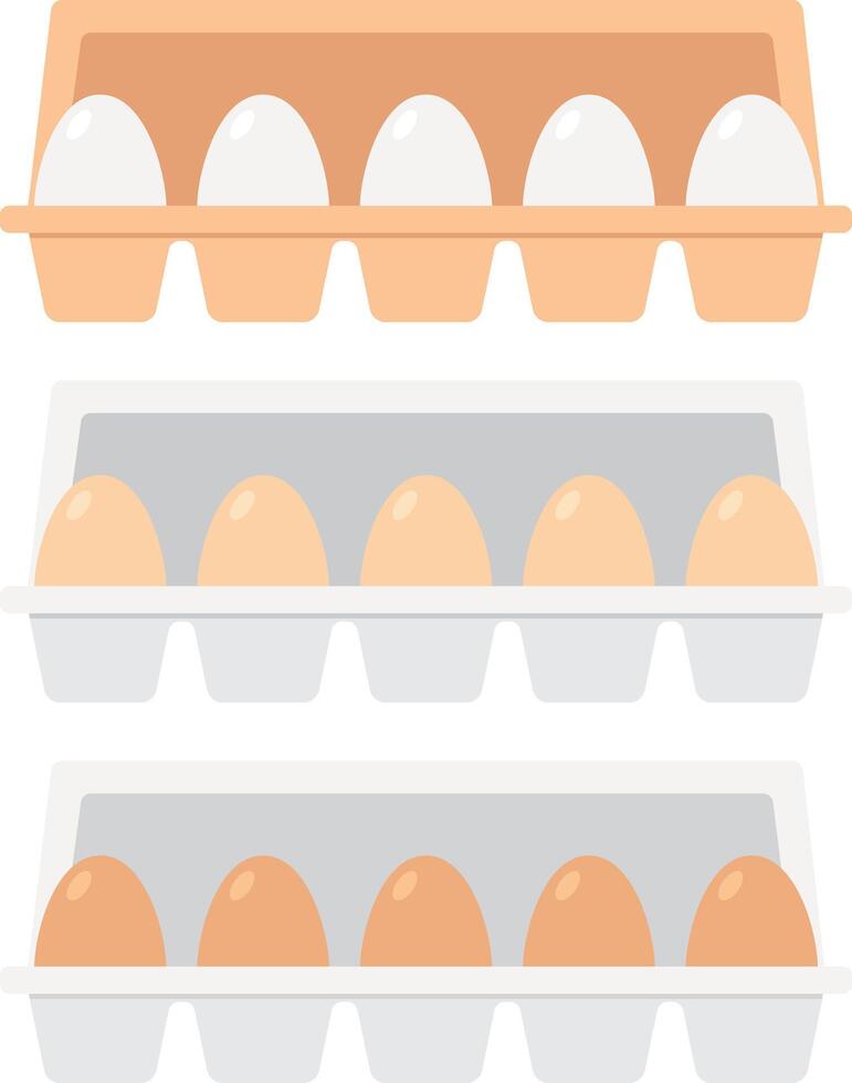 Set of chicken eggs in white, brown and light brown colors in egg trays with open covers . vector