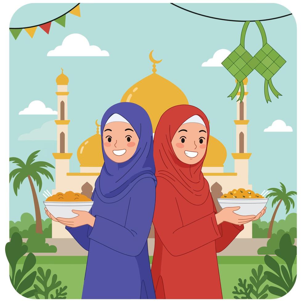two muslim women holding plates with food in front of a mosque vector