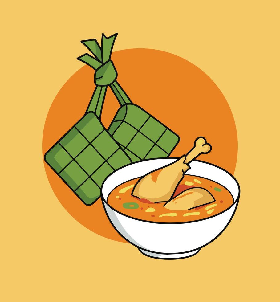 a bowl of soup with a chicken and a ketupat vector