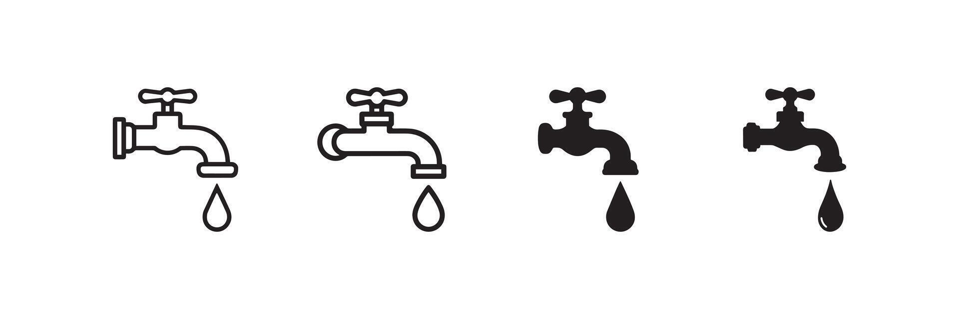 Water tap icon set with dripping water drop for plumbing and water conservation concept vector