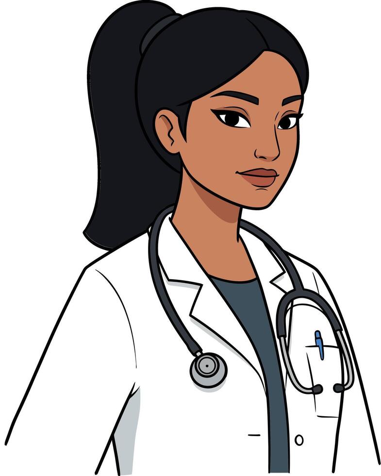 Female doctor in a white lab coat with stethoscope confidently posing, showcasing a detailed and modern flat illustration vector