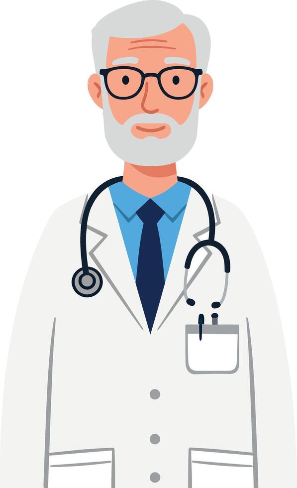 Elderly male doctor with glasses in a white coat and stethoscope, illustrated in a flat style as art vector