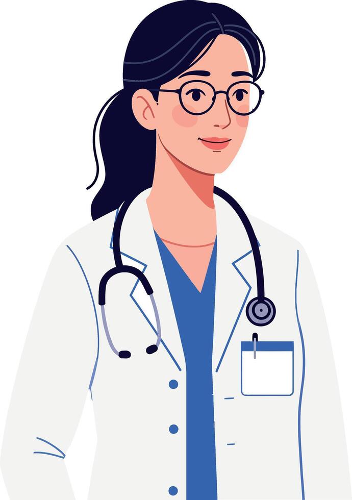 A confident female doctor in a white lab coat with stethoscope smiling warmly in a minimal illustration vector