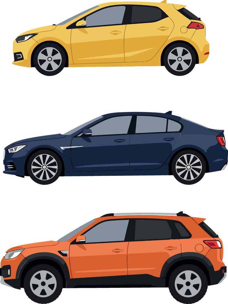 Three distinct car models showcased in a flat design style featuring vibrant colors and clean lines in illustration vector