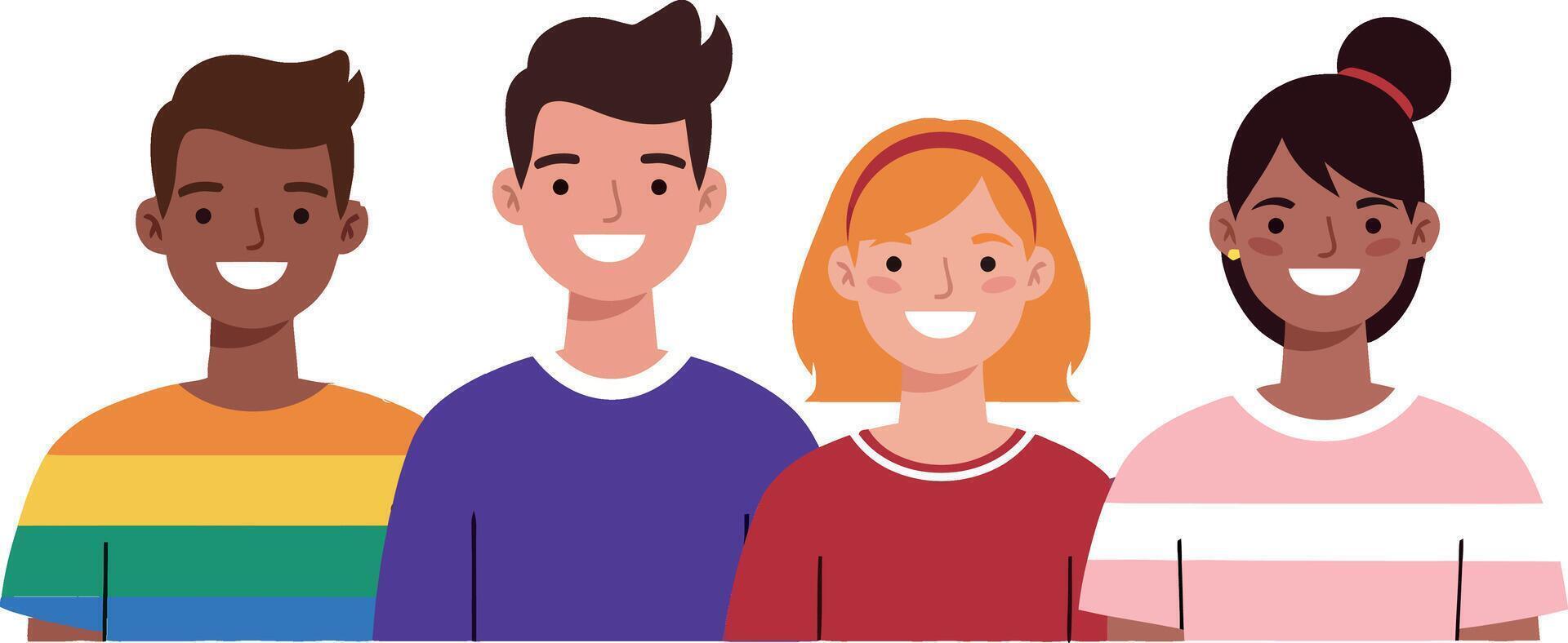 Four diverse friends smiling together in a colorful minimal style illustration vector