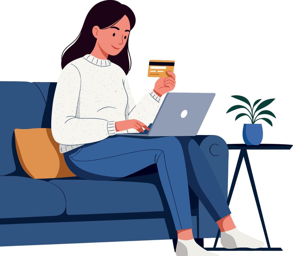 Woman seated on a couch using a laptop with a credit card in hand, flat illustration vector