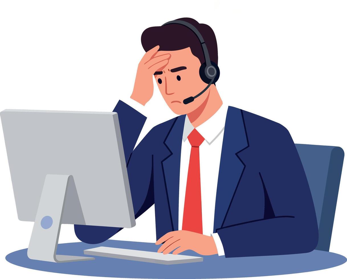 Frustrated customer service representative in a suit using a headset at a computer desk illustration vector