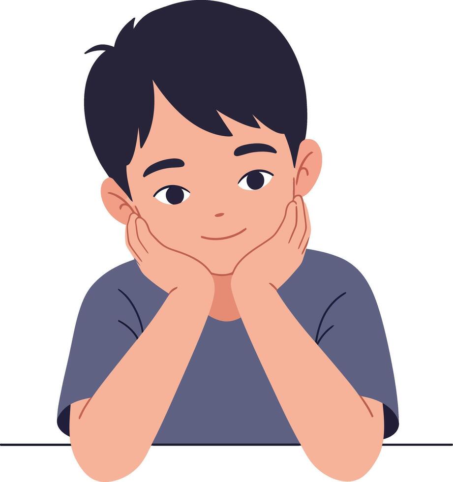 Thoughtful young boy with hands on chin in minimal flat illustration vector
