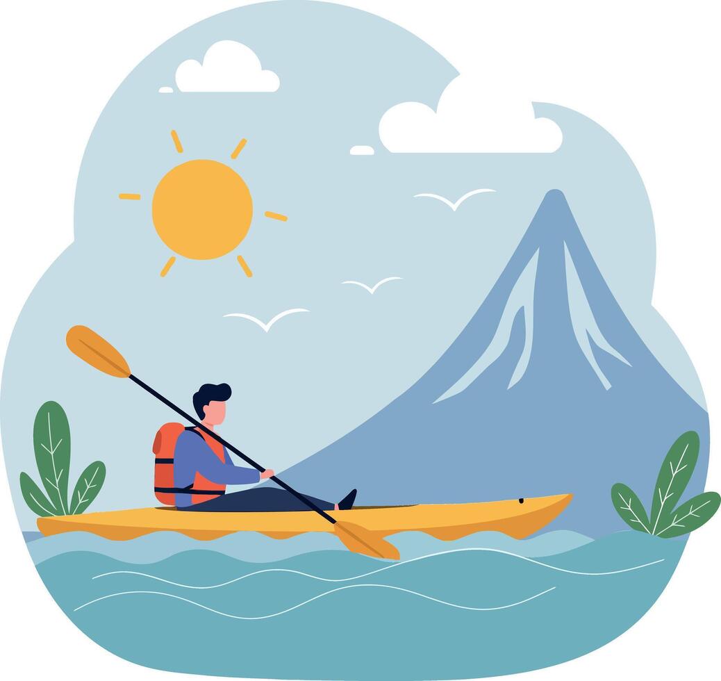 Kayaker paddling on a serene lake surrounded by mountains in a flat illustration vector