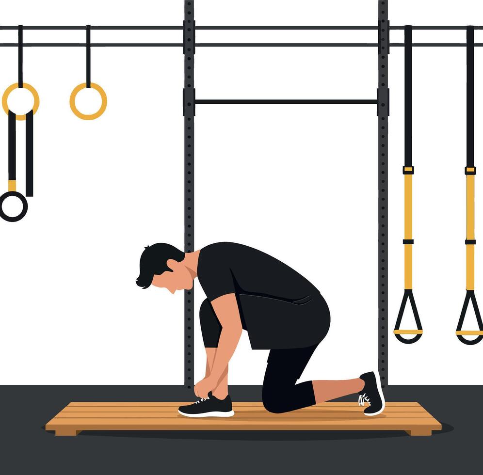A man tying his shoelaces on a wooden platform in a gym, minimal style art vector