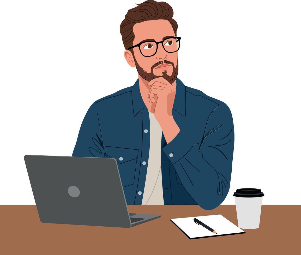 Thoughtful man with glasses at desk in casual attire, minimal illustration vector
