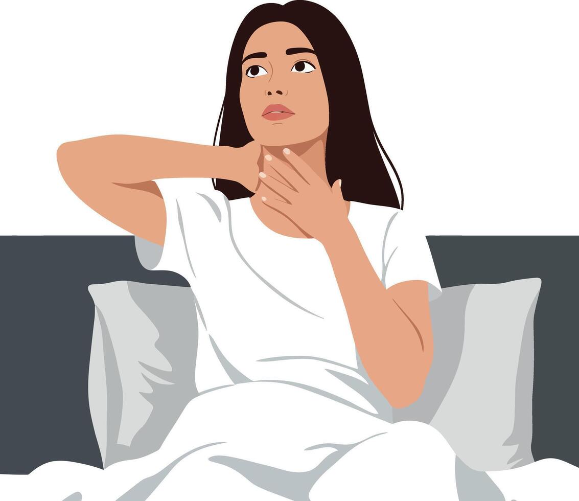 A woman sitting up in bed looking concerned with hand on throat in minimal art vector